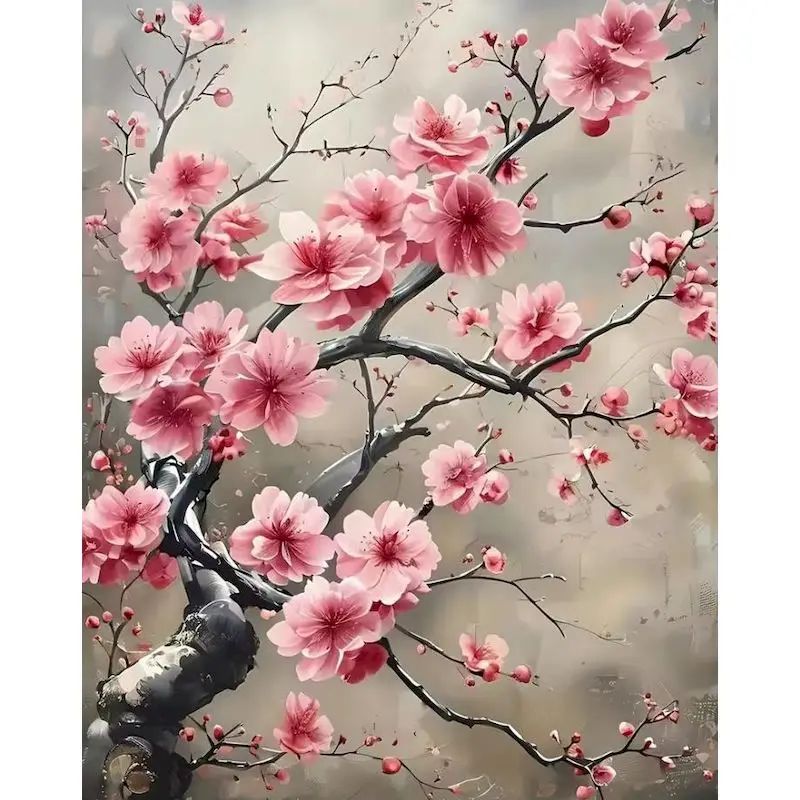 Kit Pittura a Numeri Albero di Ciliegio Fiorito Fiori Fai da Te Quadri a Olio su Tela Paesaggio Dipinto a Mano per Casa