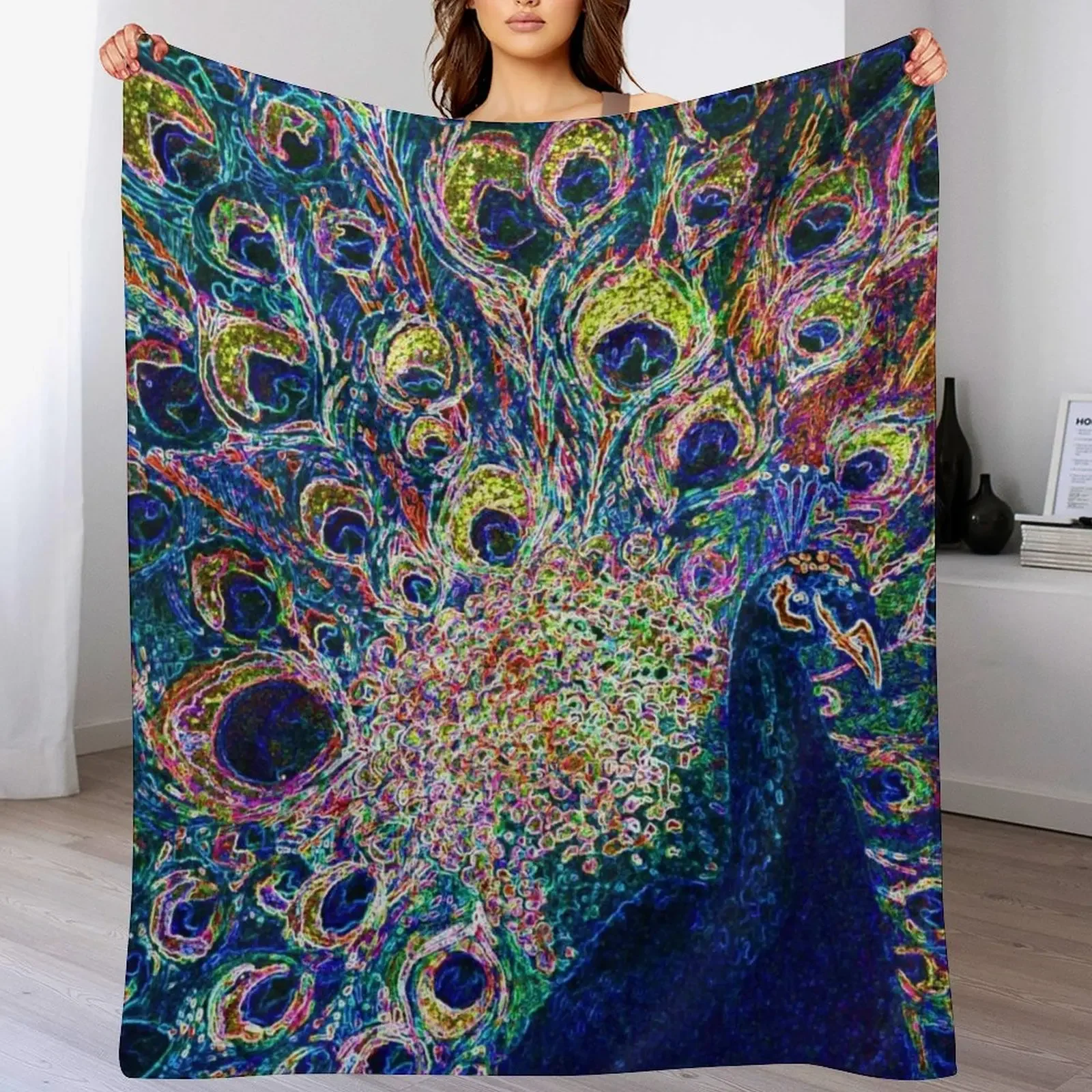 

Neon Peacock Full Glory Throw Blanket Summer Beddings Cute Plaid manga Moving Blankets