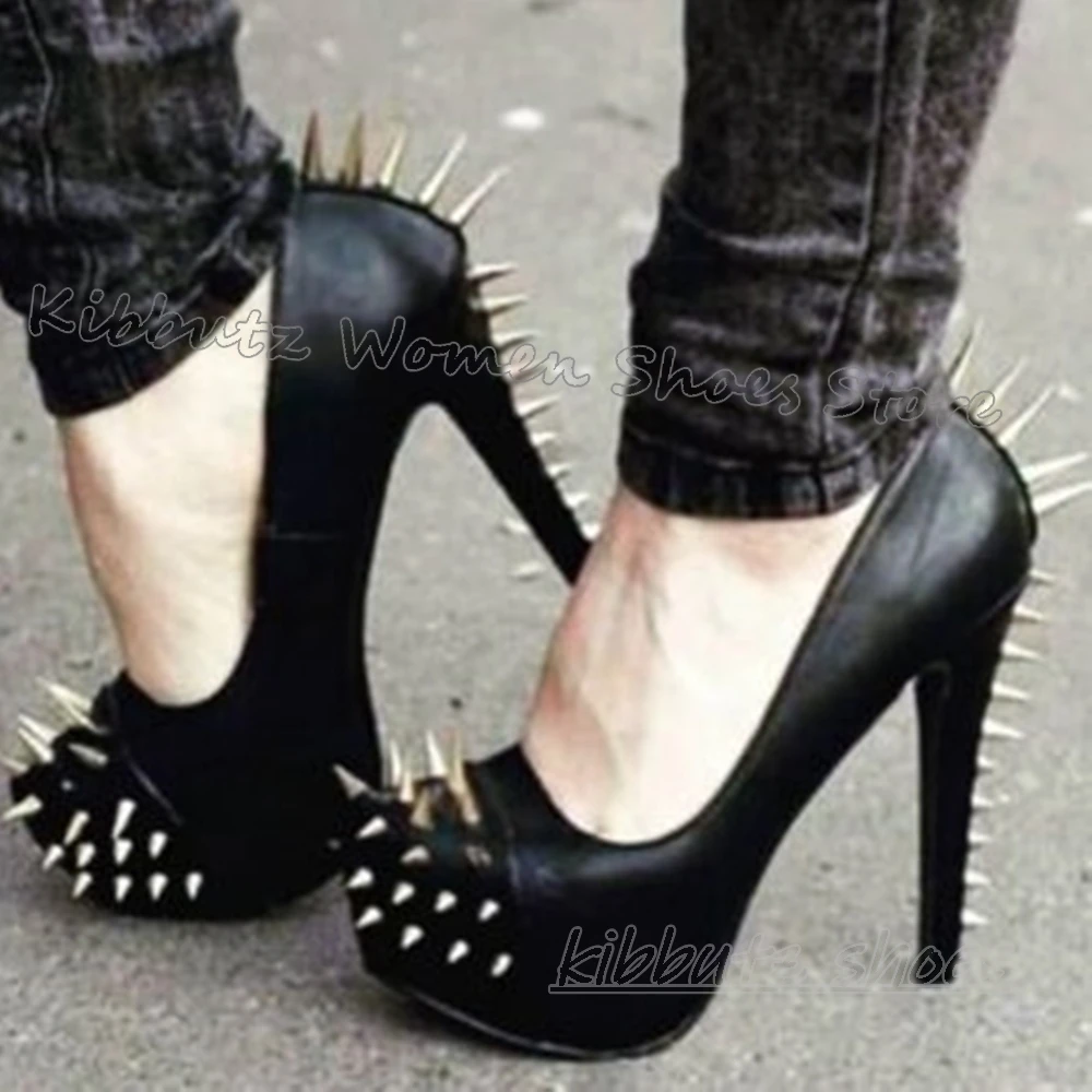 

Rivets Pumps Platform Gothic Punk Rock Novelty Sexy Luxury Concise Fashion Slip-On Solid Color Women Shoes Newest Party Dress