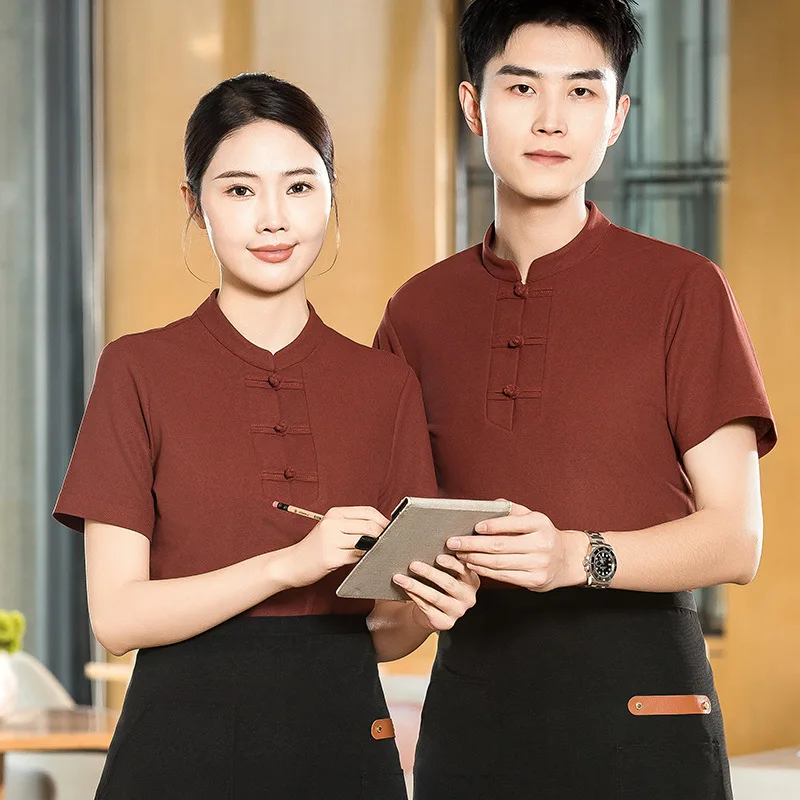 

Unique Waiter Work Uniform New Chinese Style with Frog ButtonstShort Sleeve Summer Women's Ethnic Style Restaurant Hot Pot Shop