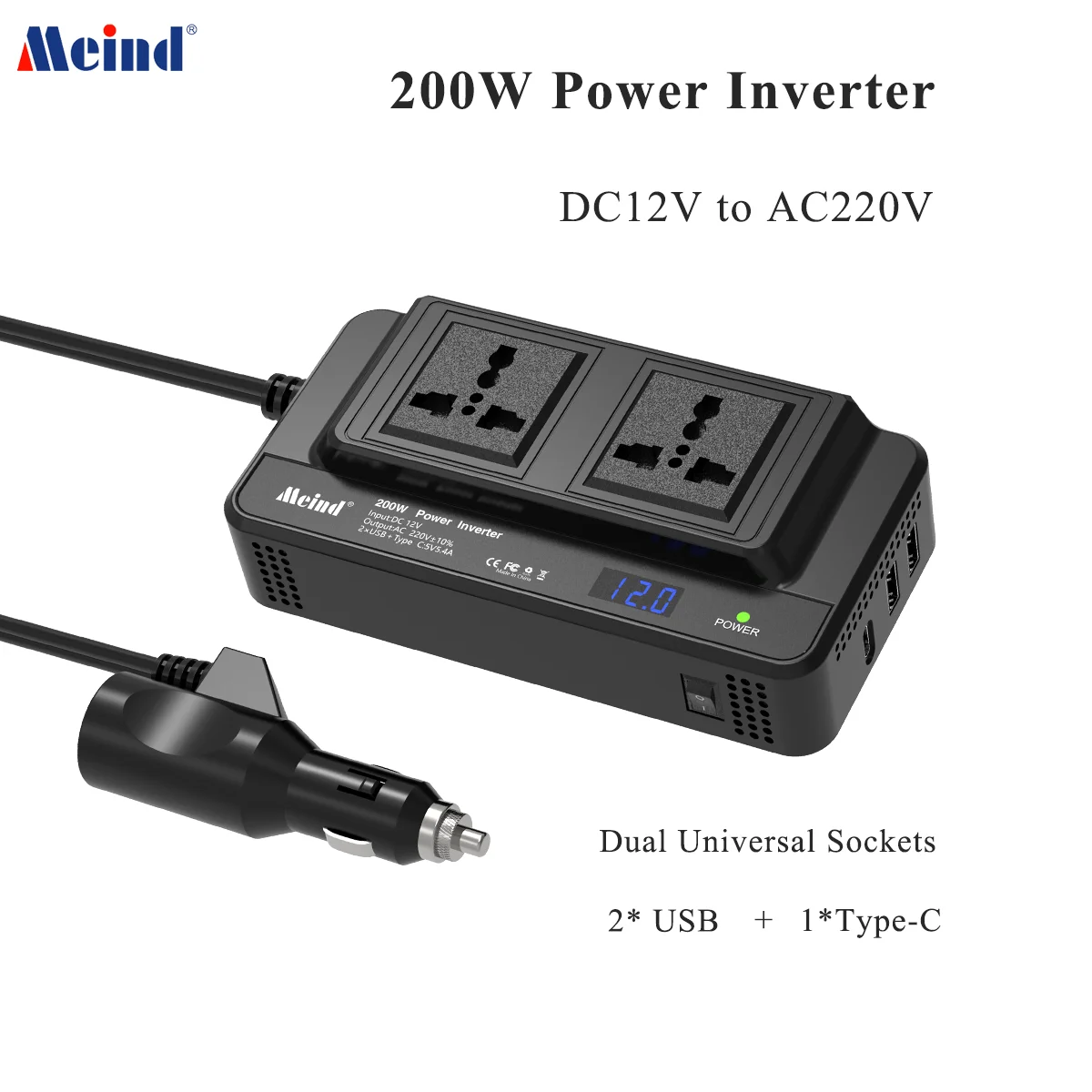 Meind 200W Car Inverter with 2 AC Outlets 3 USB Ports DC 12V to AC 220V Power  Inverter for Car