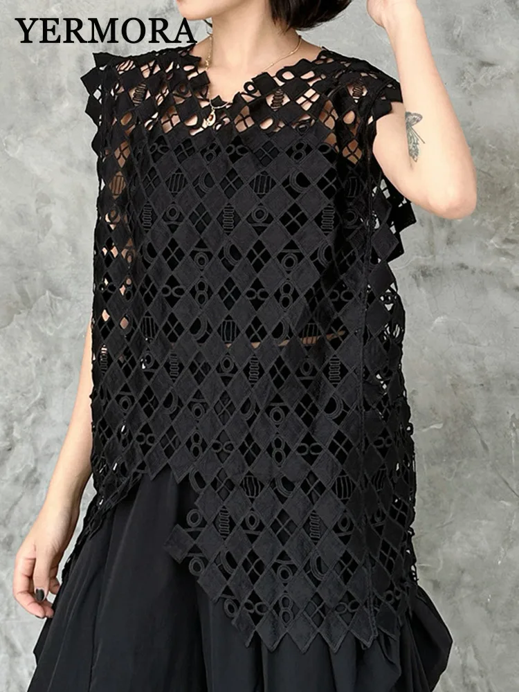 

YERMORA Black Irregular Hollow Out Casual Vest For Women V-neck Sleeveless Loose New Tops Fashion Tide Spring Summer 2025