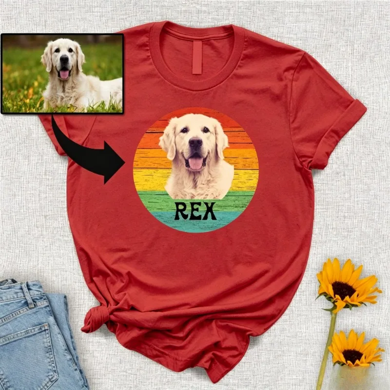 Custom Vintage Rainbow Pet Photo Tshirt Personalized Dog Cat Portrait Custom Name Tee Adult Kids Family Matching Pet Lover Gift