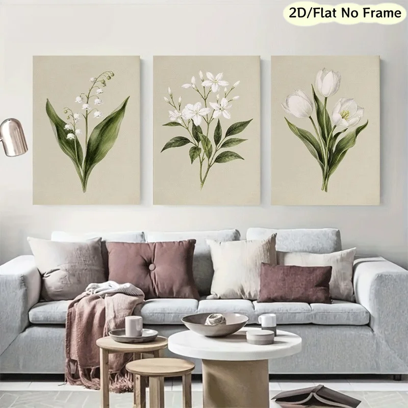 (No frame)2D Flat, 2D Flat, 2D/FLAT, Frameless, 3pcs - Retro Botanical White Flower Canvas Decorative Prints, Neutral Beige B