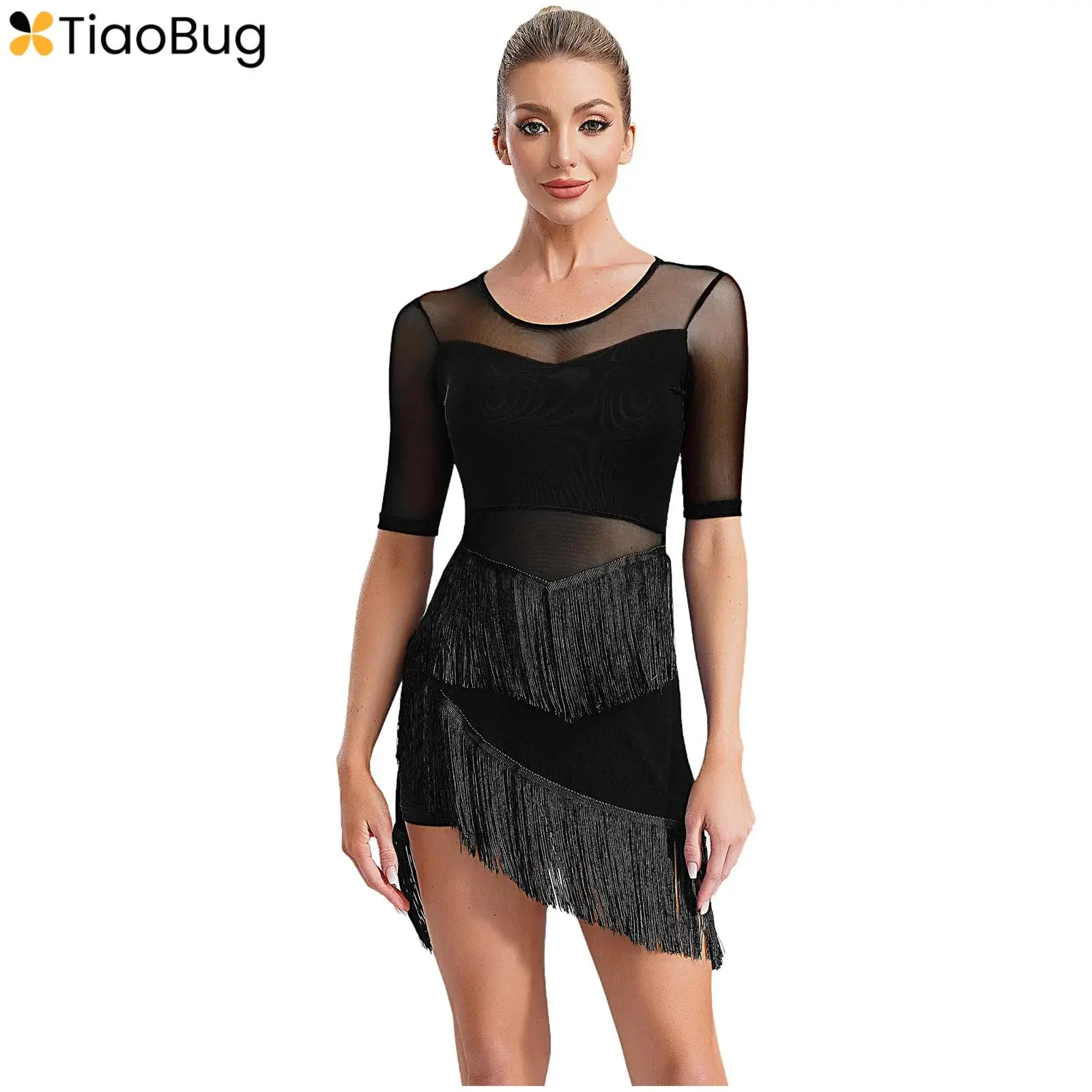 2Pcs Womens Latin Dance Dresses Stage Performance Costume Sheer Mesh Patchwork Half Sleeve Irregular Fringe Dress+Shorts Outfit