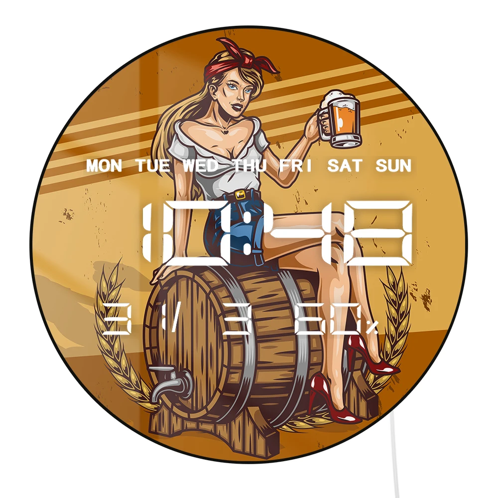 Brewing Barrel Beer Wine LED Digital Wall Clock with Calendar Date Temperature Auto Dimming 12/24hr Format Electronic Wall Clock
