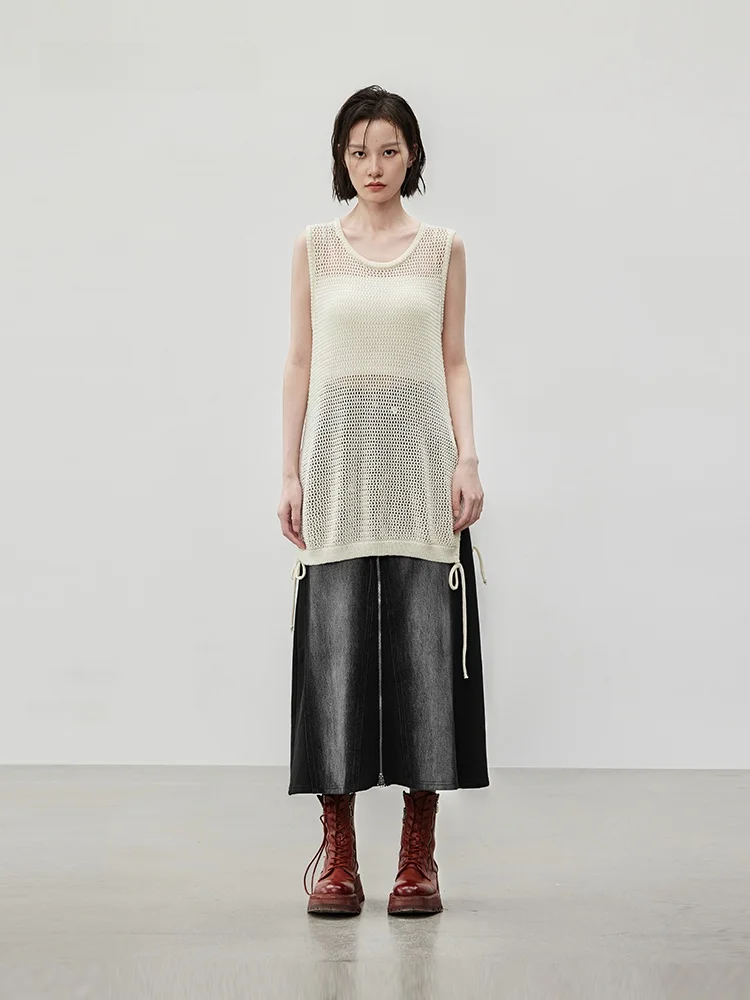 

XMOOM 2024 Autumn New Sle Svel Hollow out Knitted Sweater Mid-Length Split on Both Sides Simple Commute Sle Loose Fit