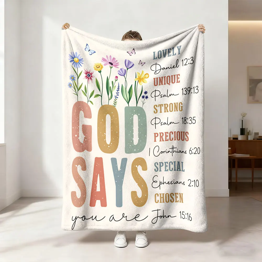 1pc God Says Floral Scripture Slogan Flannel Blanket Soft Cozy Throw Blanket For Sofa Nap Leisure Religious Home Decor Gift