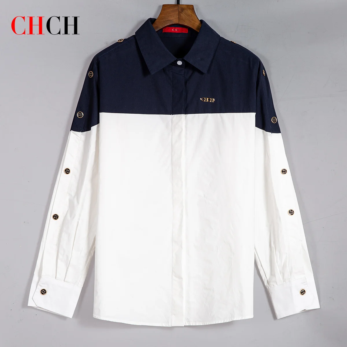 CHCH Women's Shirt 2025 New High Quality Splicing Color Contrasting Long Sleeve Business Shirt Commuter Women's Wear