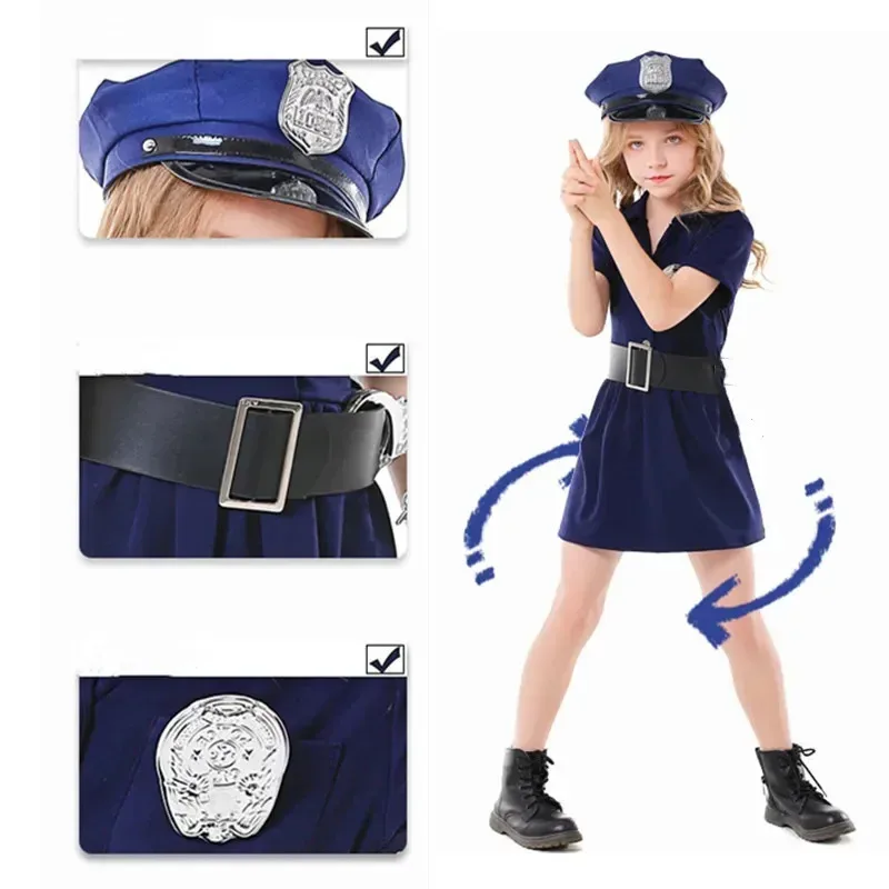 أزياء الشرطة المبهرة للفتيات، فستان ضابط الشرطة، زي المهنية البطل مع 5 قطع من ألعاب الشرطة، أفضل زي لحفلات العطلات