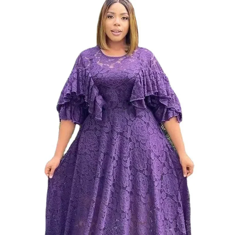 African Dresses for Women Summer African Elegant Flare Sleeve Party Birthday White Black Purple Lace Long Dress African Clothes