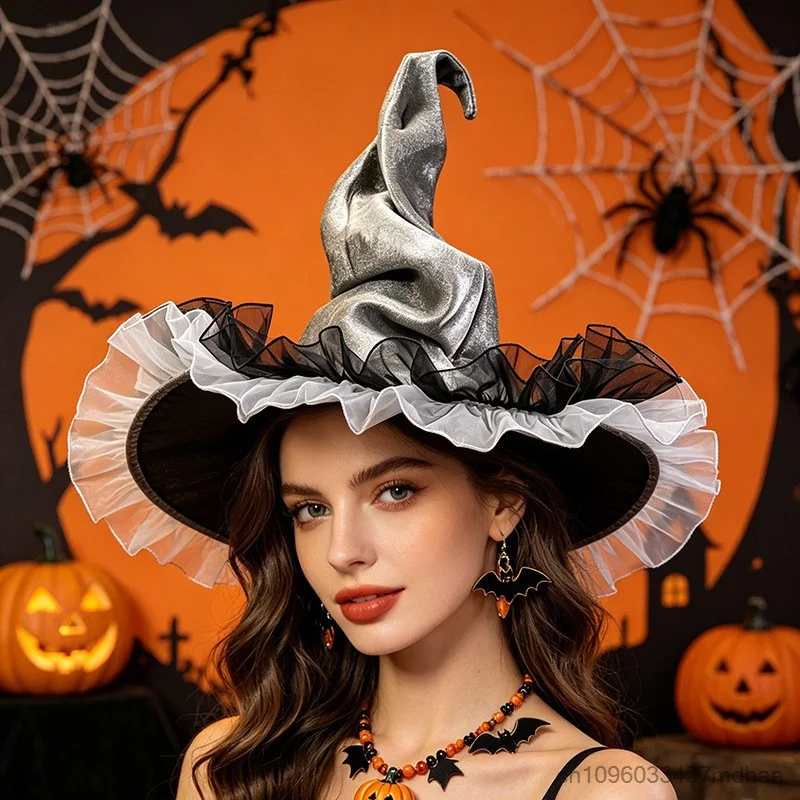 Women Pointed Witch Hat Sunflower Decor Spider Web Mesh Veil Forest Witch Costume Hat Halloween Carnival Cosplay Headwear Props