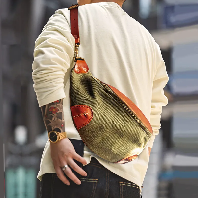 First layer cowhide Japanese retro canvas leather large capacity crossbody shoulder pepper salt breast bag cycling dumpling bag