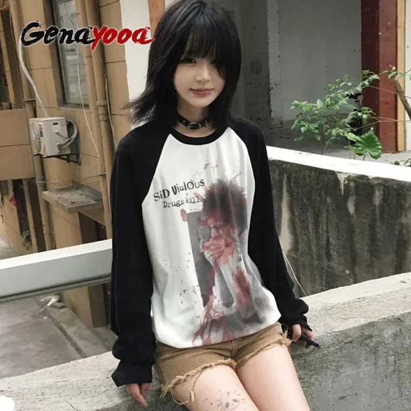 Genayooa Harajuku Print T Shirt Women Patchwork Long Sleeve Y2k Vintage Graphic Tops Streetwear 2000s Japanese Tshirts Autumn