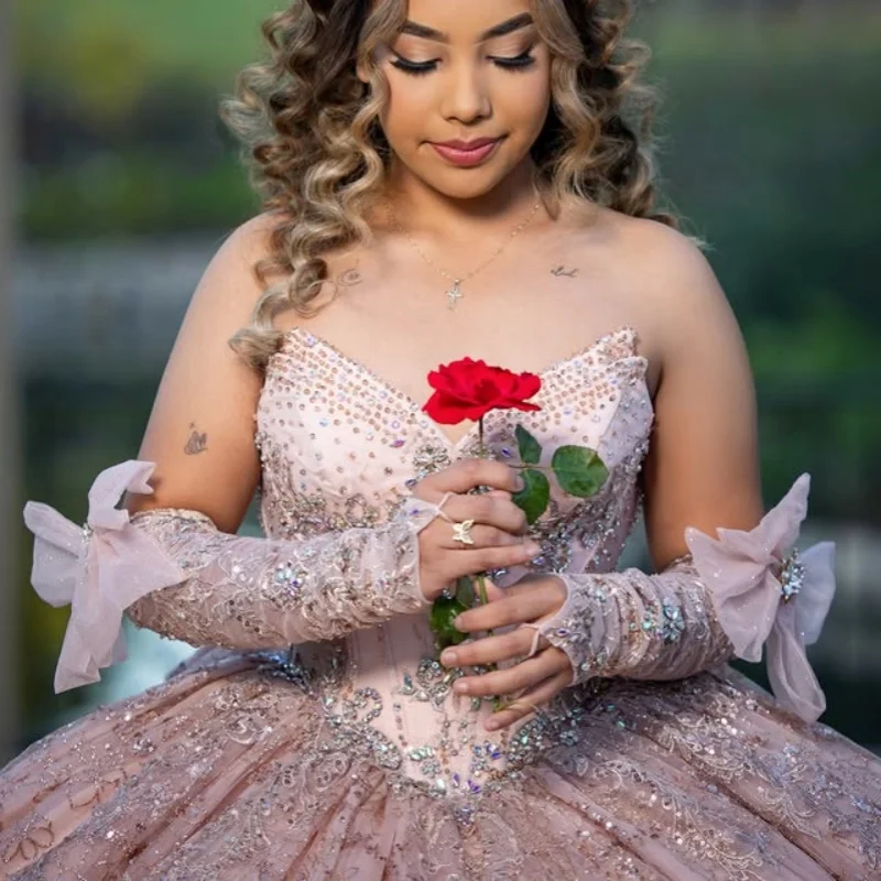 

Shiny Light Pink Quinceanera Dress Crystal Glitter Decal Lace layering Bow Long tail Vestidos De 15 Quinceanera ﻿Customize