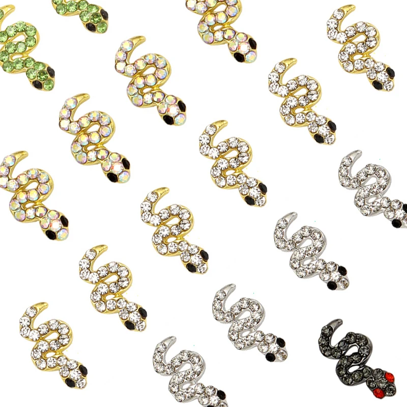 10pieces of Y2K style nail decoration charm alloy snake shape with shiny rhinestone nail art jewelry DIY luxury nail accessories