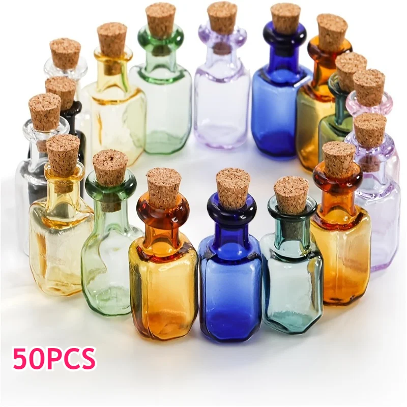 50 mini-bouteilles colorées en verre avec bouchons en liège, décoratives, carrées, mignonnes, pour vœux et petites fioles en verre avec bouchons.