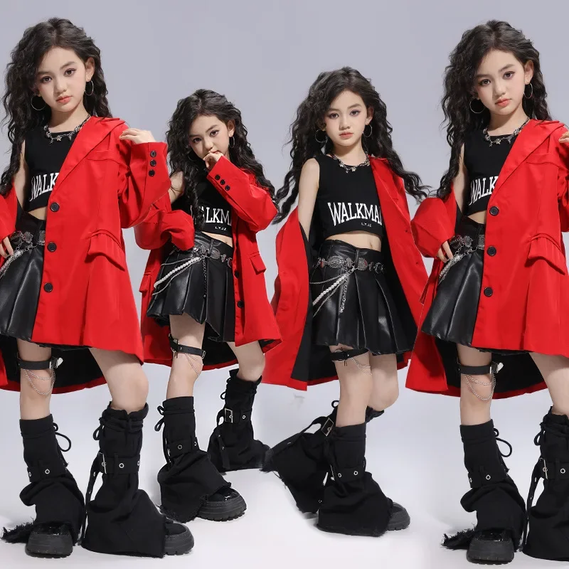 

Girl Jazz Dance Outfit Red Suit Black Vest Leather Skirt Kid Performance Show Stage Wear Kpop Costume Fashion Streetwear