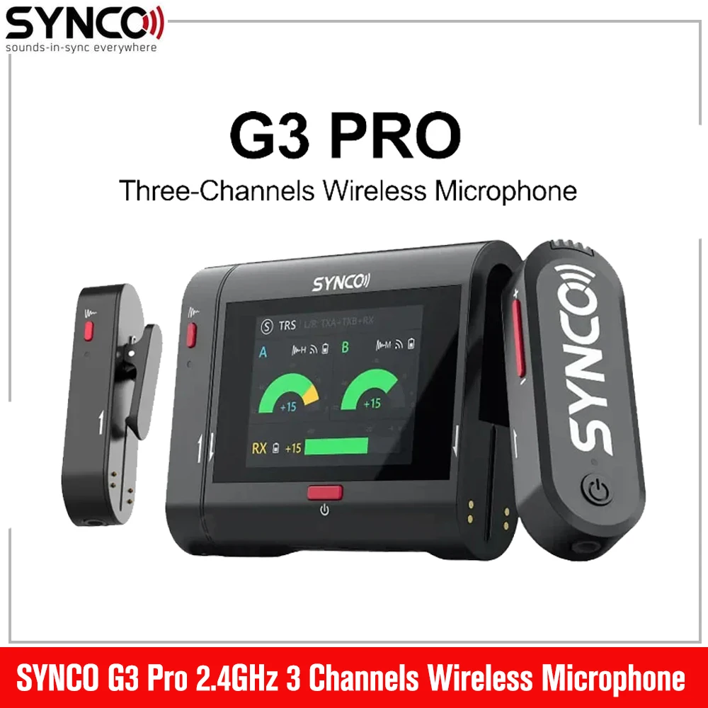 

SYNCOWireless Microphone with Touch Screen, G3 Pro, 2.4GHz, 3 Channels, 200m Range, Lossless Audio for Camera,Live Streaming