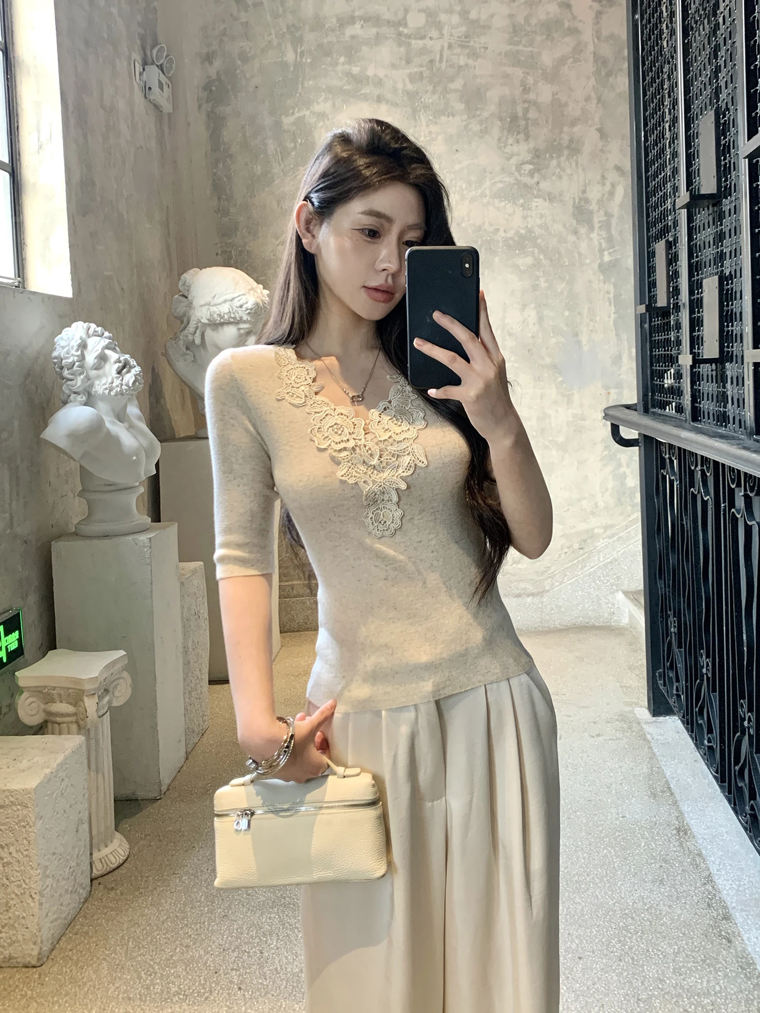 

Slim Fit Wool Lace V-Neck Knitwear T-Shirt Women Summer Fashion French Style Short Sleeve Casual Top Withmxboom Grey