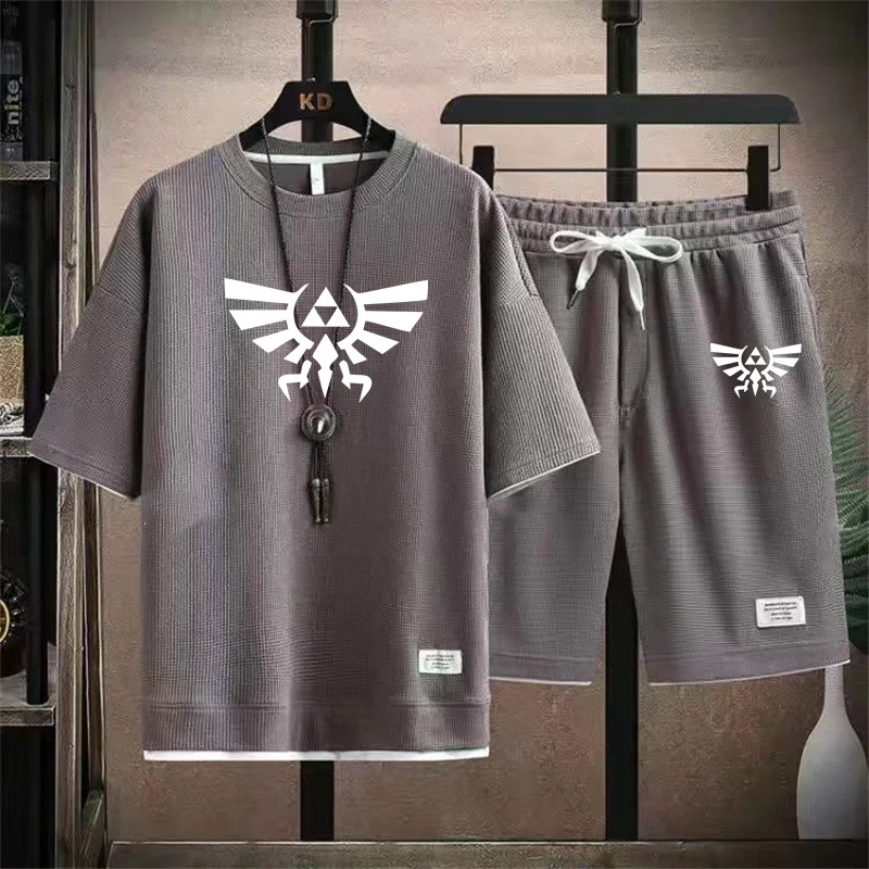 공주 아이콘 남성용 스포츠 세트, Z-Zelda 남성용 투피스 세트, 린넨 원단 캐주얼 O-넥 티셔츠, 패션 운동복, 2024 여름 신상 