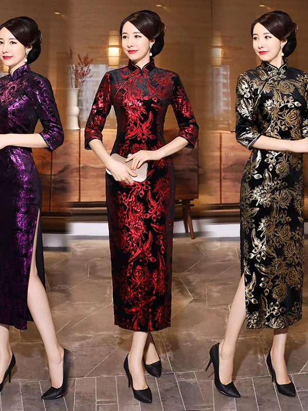 

Ele Long Velvet Qipao Dr Autumn Winter Large Size Chinese Traditional Costume Low Slit Daily Wear Polyester Fiber