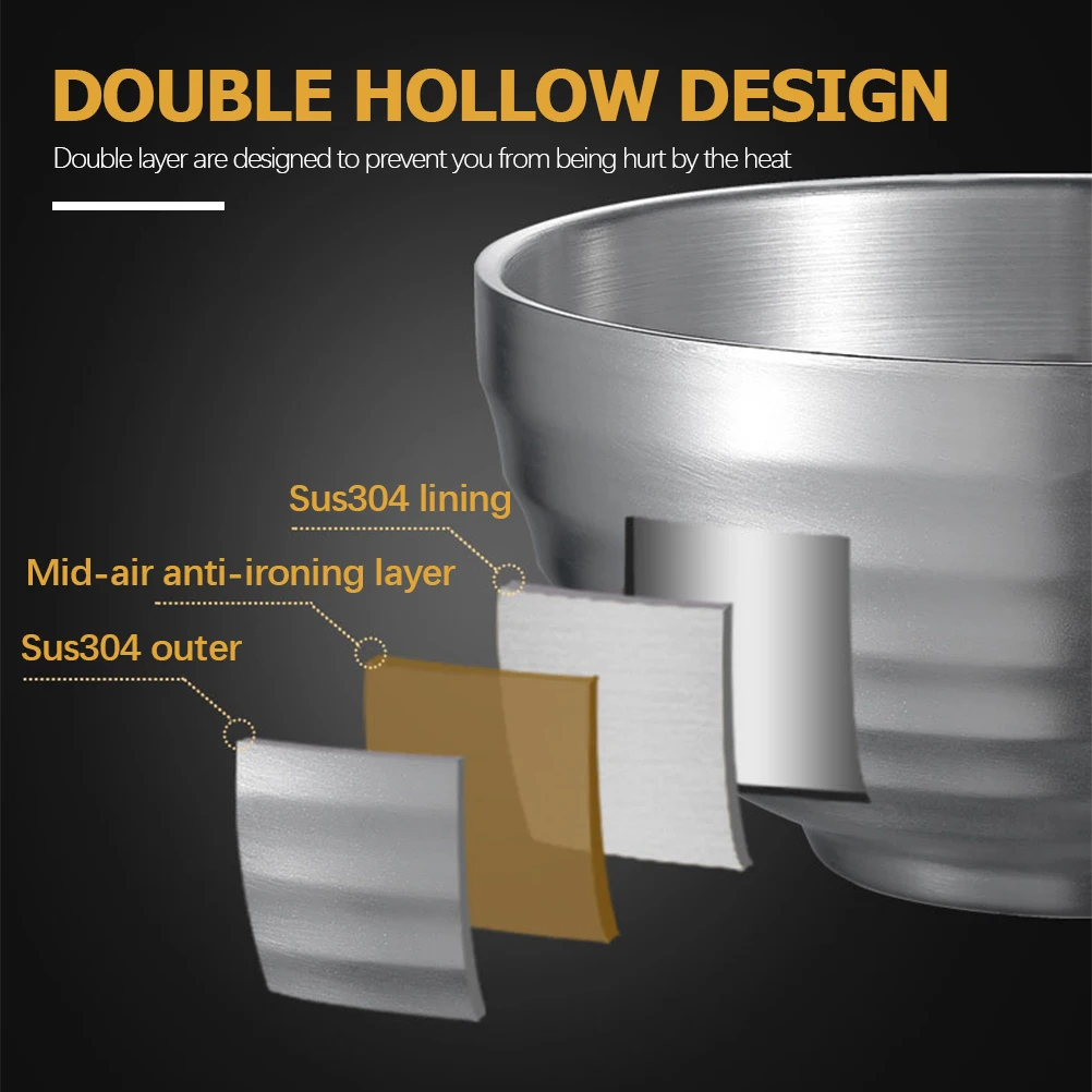 

Double Layered Stainless Steel Ramen Bowl Heat Resistant Soup Container for Food Serving Portable Salad Cereal Bowl Vintage