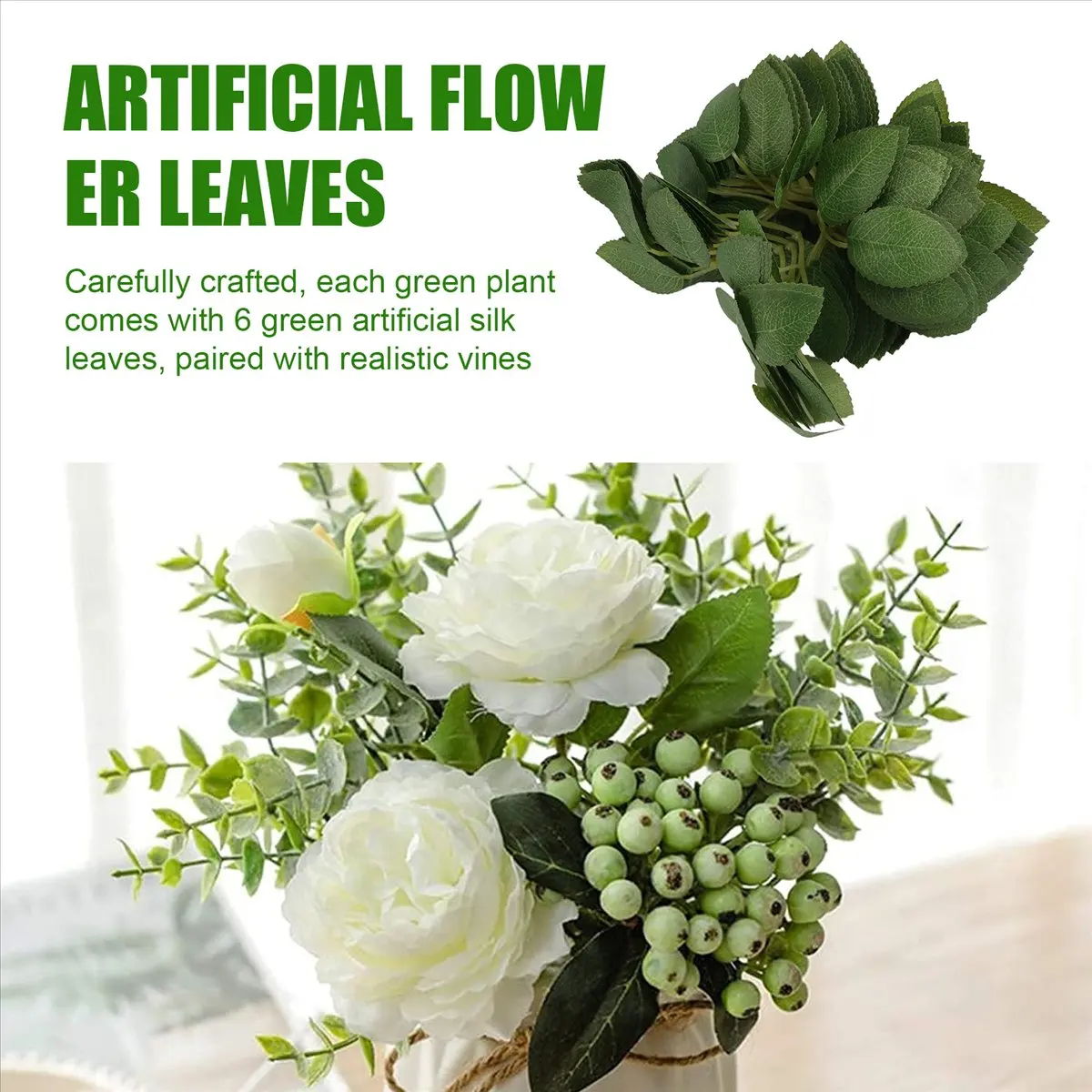 AA77 NEW Fake Artificial Leaves for Roses Decorations - 36 Silk Green Roses Flowers Leaf with Realistic Vines Flexible Stems