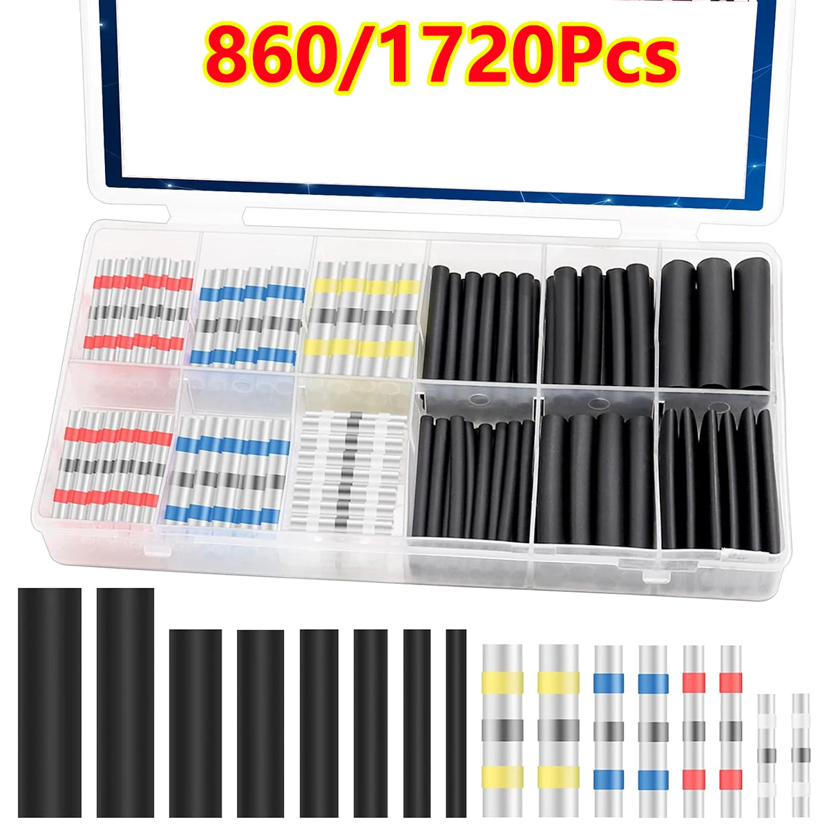 860Pcs Electrical Wire Connectors Heat Shrink Solder Seal Butt Terminals Kit Solder Seal Sleeve Tubing Wire Terminals Waterproof