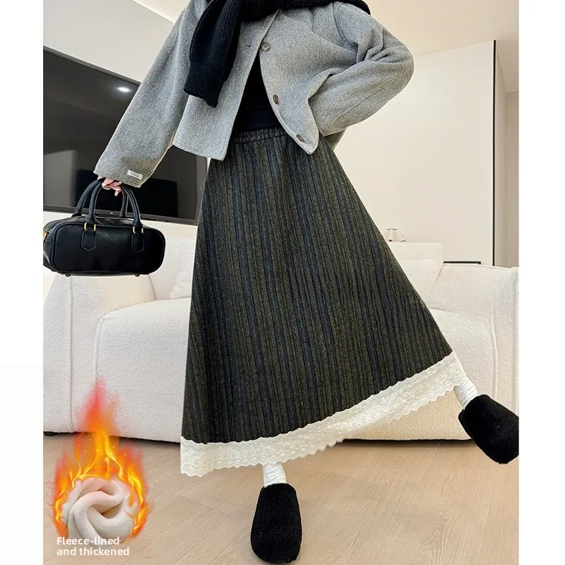 

Флисовая юбка-полусолнце с кружевом, женская, осенне-зимняя, новая модель, А-силуэт, в этническом стиле, маленький размер, шерстяная длинная юбка