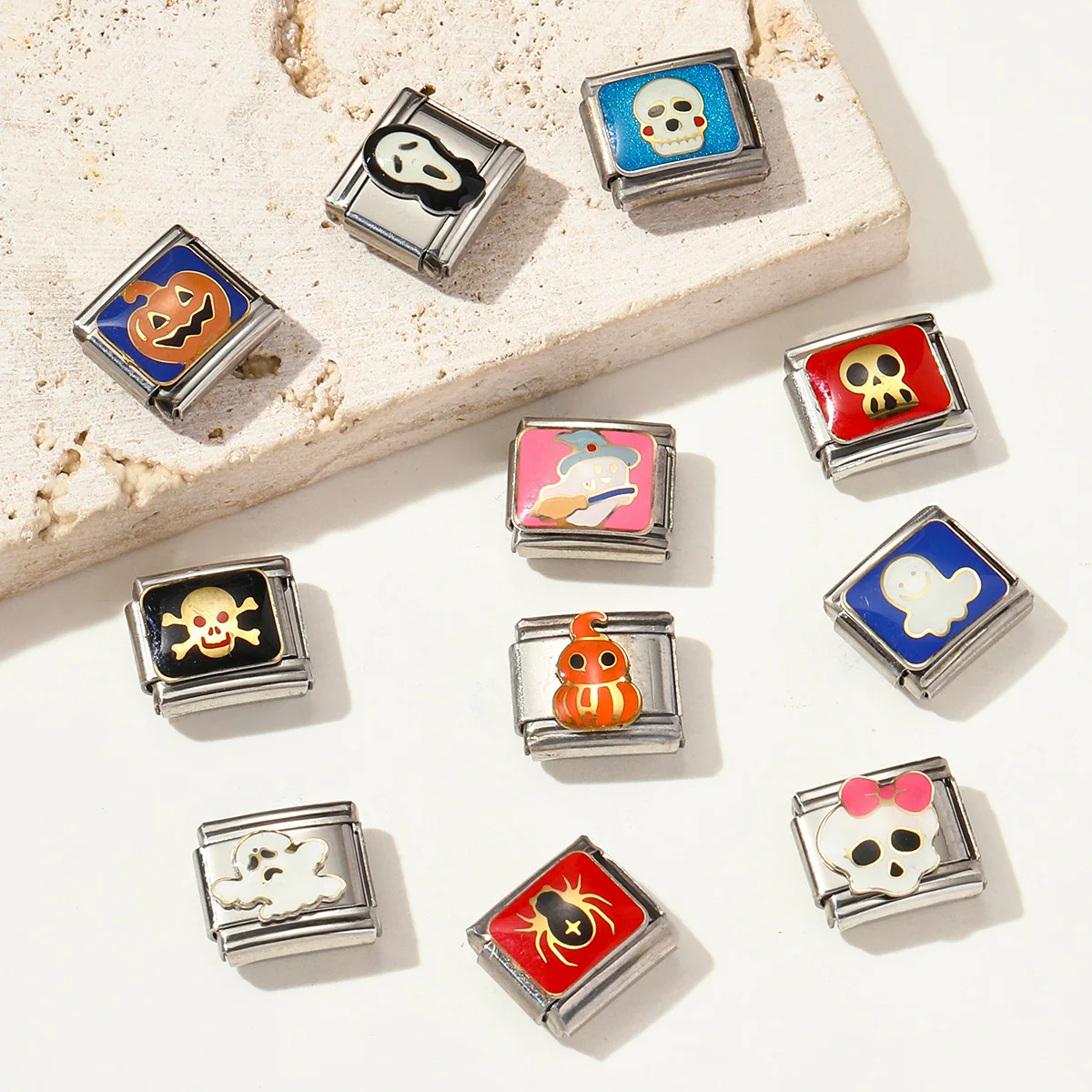 5pcs/lot Halloween Enamel Pumpkin Ghost Spider Skull Italian Charm Links Fit 9mm Stainless Steel Bracelets For Woman DIY Jewelry
