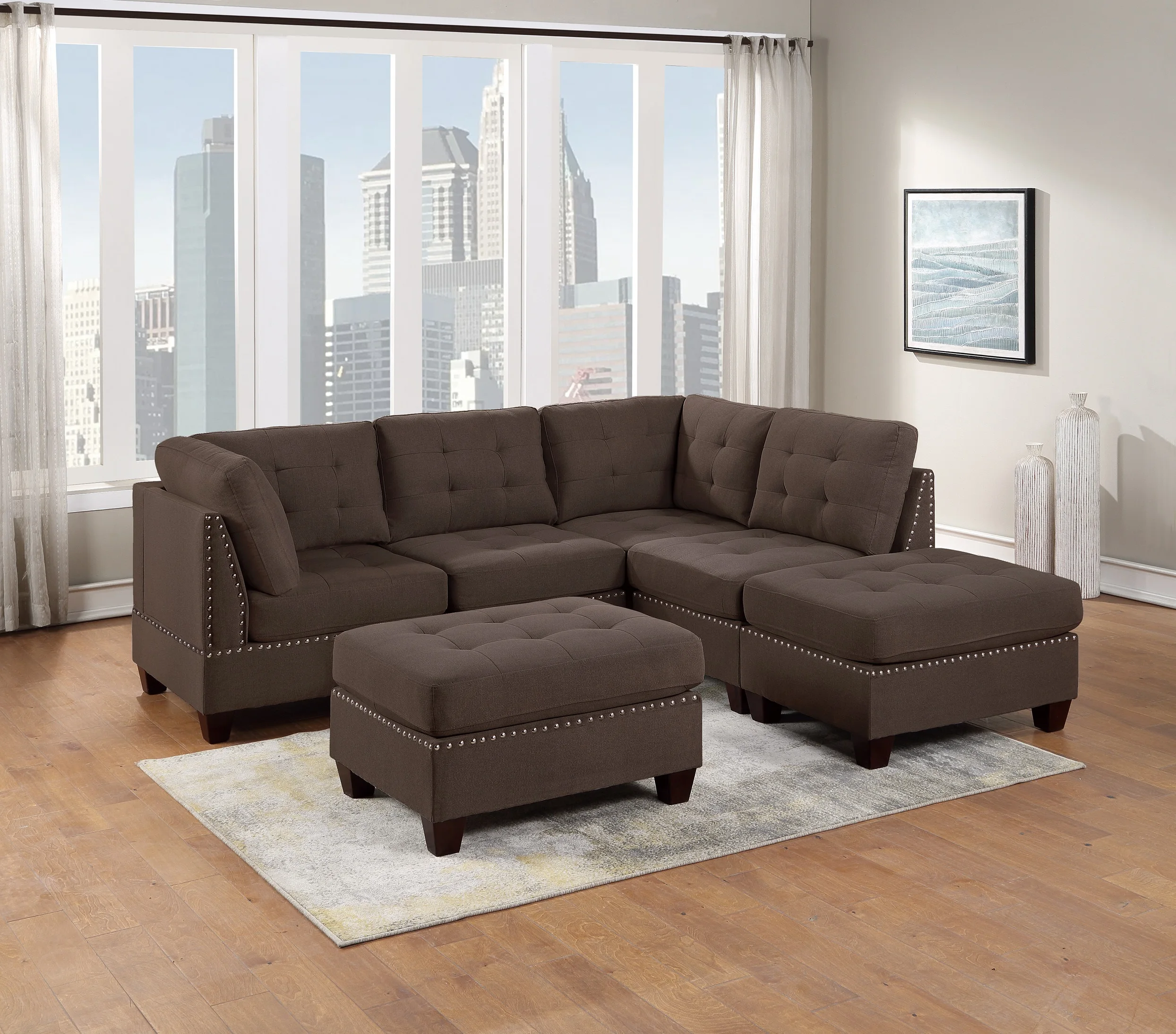 

Modular Sectional 6pc Set Living Room Furniture L-Sectional Black Coffee Linen Like Fabric Tufted Nailheads 2x Corner Wedge 2x A