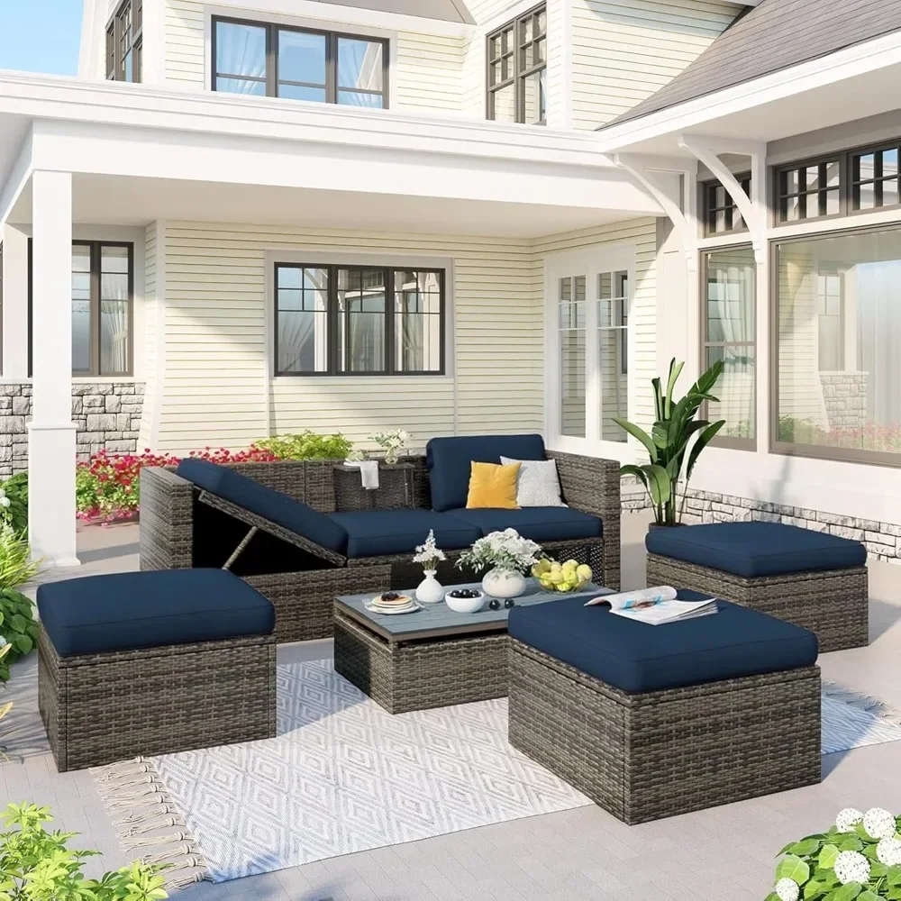 All-Weather Outdoor Patio Furniture Set， 6-Piece Sectional with Lift-Top Table and Ottomans in PE Rattan Wicker