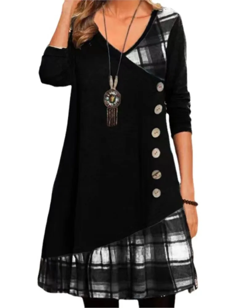 Autumn Winter New Women\'s Sexy V-neck Fashionable Checkered Patchwork Button Long Sleeved Irregular Casual Comfortable Dress