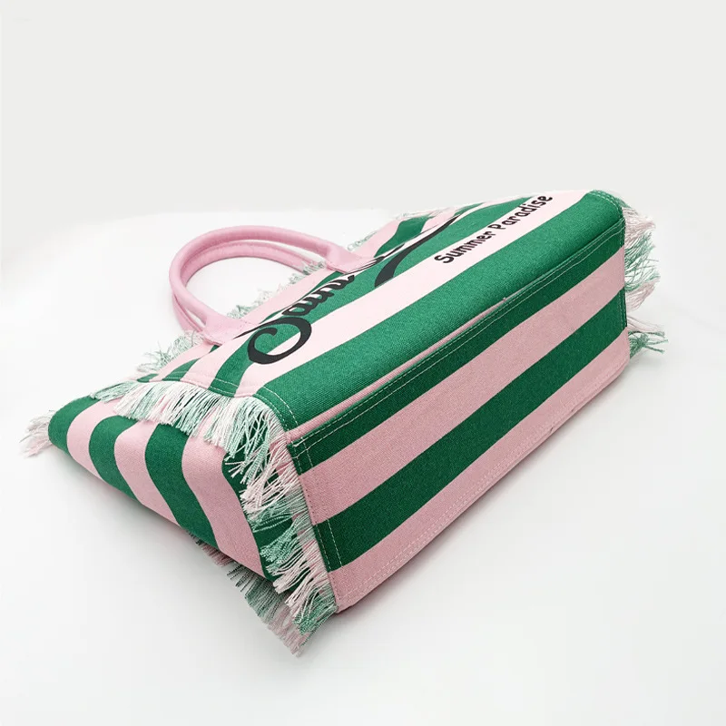 New Green and Pink Striped Women\'s Handbag, Women\'s Large Capacity Tassel Design Handbag, Women\'s Summer Zipper Shoulder Bag