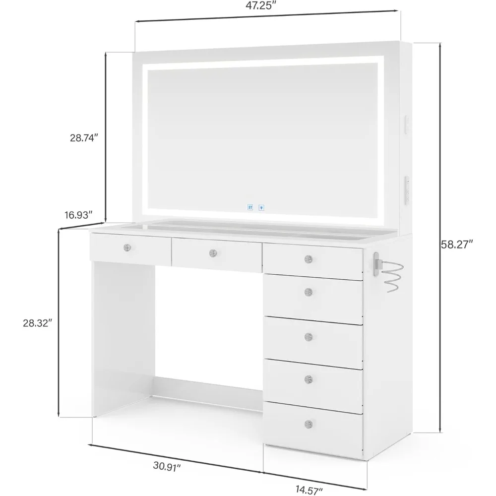 Brielle Large Makeup Vanity Desk with Dimmable LED, 2 Bluetooth Speakers, USB Type C & Type A, 110 V Power Outlet, 7