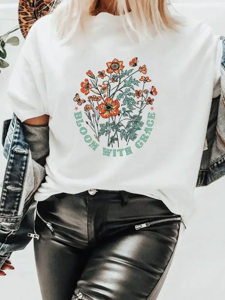 Print Clothes Women Spring Fashion Summer Flower Letter Lovely Trend Female Tee Shirt Lady Short Sleeve Graphic T-shirt