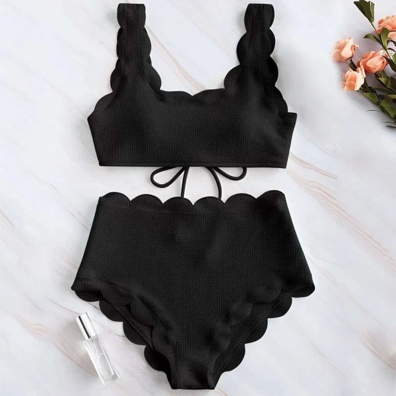 

Simple Solid High Waist Bikini Women Swimsuit Fashion Floral Edge Split Bathing Suit 2025 New Casual Lady Two Pieces Beachwear