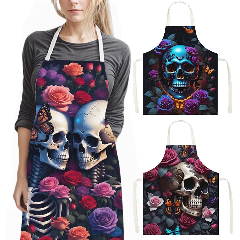 Skull Rose Butterfly Print Kitchen Aprons Children Bib Women Men Home Cleaning Clothing Linen Pinafore Chef Waiter Cooking Apron