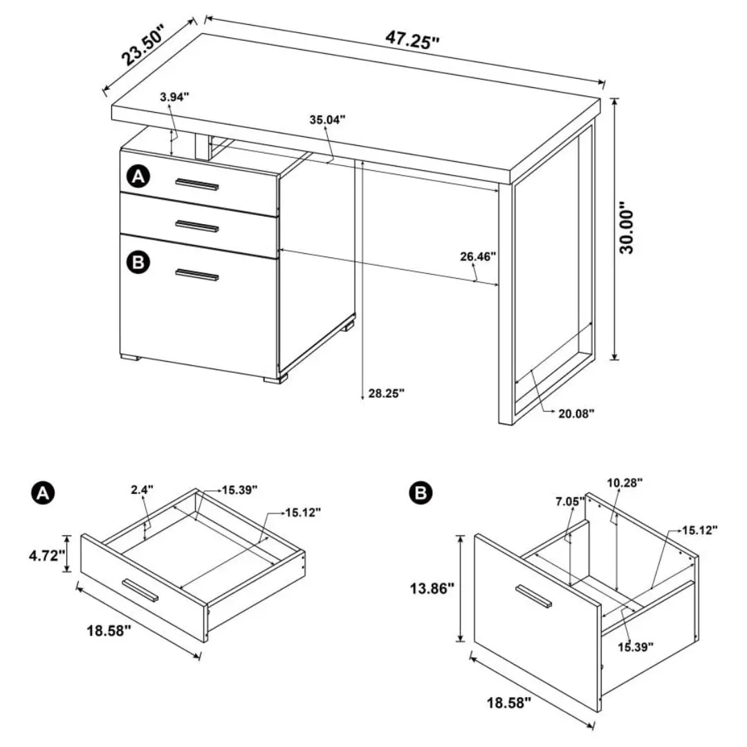 Reversible Computer Desk with 3 Drawers & File Cabinet, 47.25W x 23.5D x 30H inches, White & Silver Frame, Customized