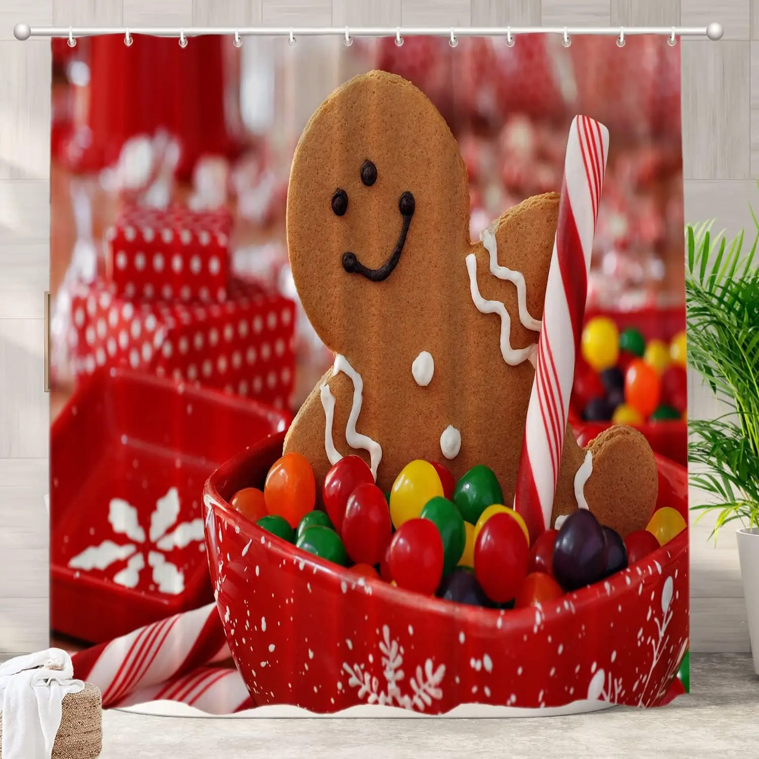 Red Cute Gingerbread Cookies Decor Shower Curtain,Brown Christmas Candy Canes Bathroom Decor Polyester Fiber Plastic Rings Quick