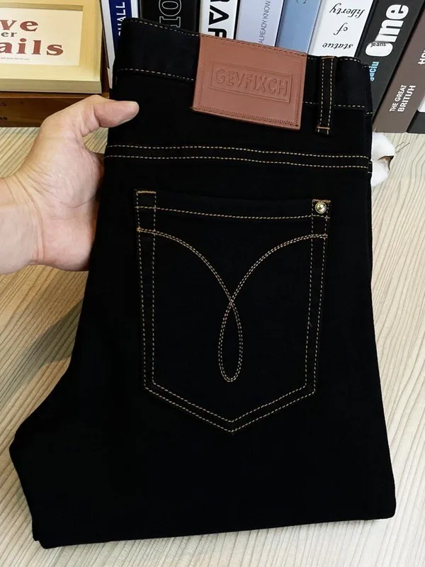 Elegant Black Embroidered Slim Fit Men's Jeans with  Stitching Comfortable Stretchable Casual Long Trousers
