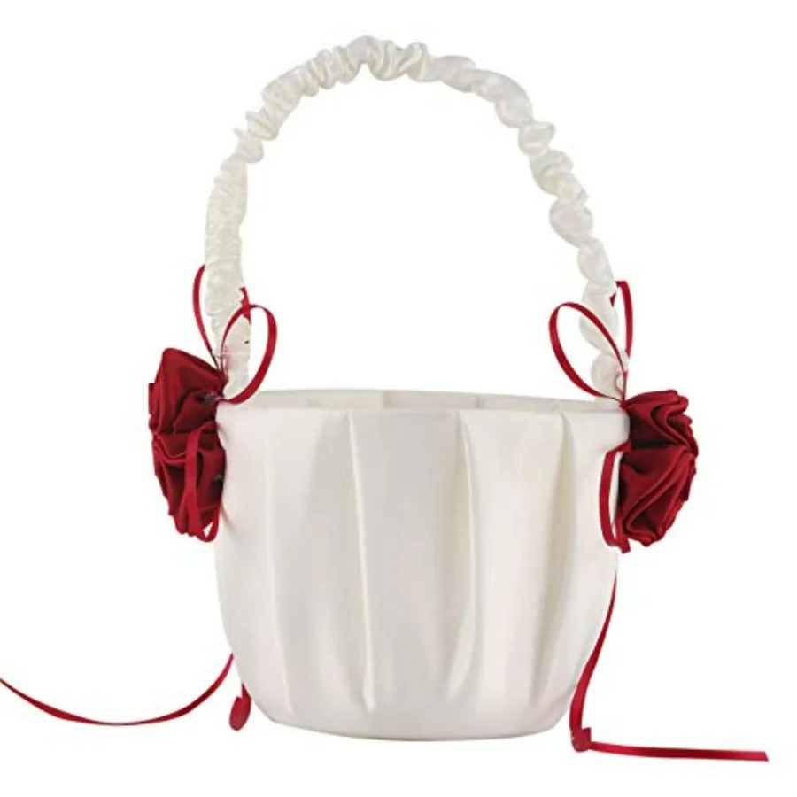 

Satin and rose flower decorated wedding flower girl basket. Height: 8 inches