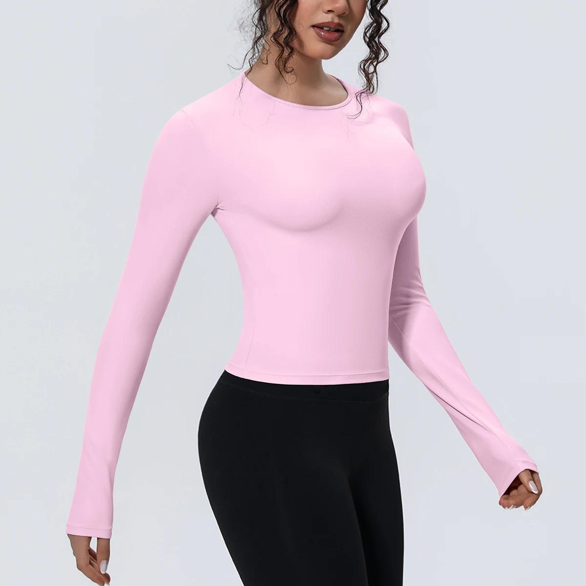 Langärmliges Yoga-Oberteil für Damen, für Gym, Sport, Laufen, schmal geschnitten, atmungsaktiv, einfarbig, Fitness-Top, Laufshirts, Gym-Top, Yoga-Sport-Top – Detail 40