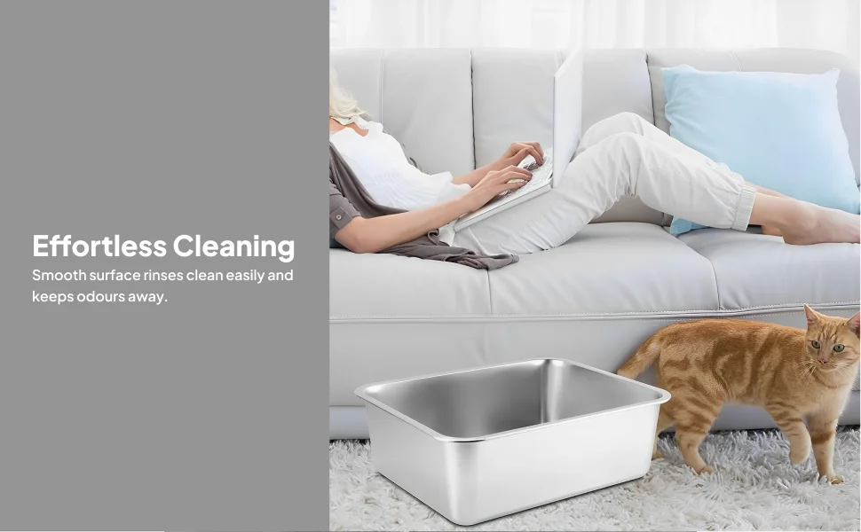 Durable Stainless Steel Cat Litter Tray Rounded Corners Easy Cleaning Open Sand Pan for Cats Rabbits