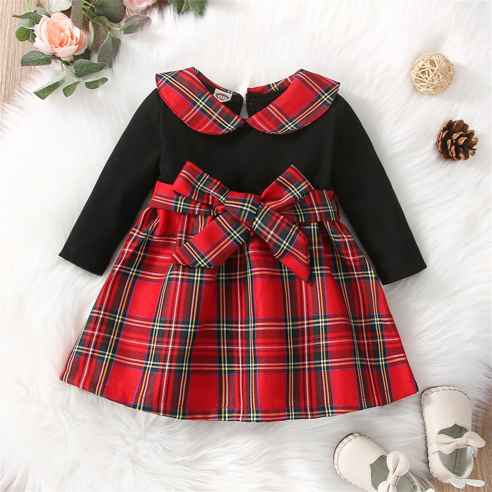 1st Birthday Dress Xmas Infant Newborn Baby Girls Patchwork Long Sleeve Bowknot Christmas Baptism Dresses for Baby Girls Length