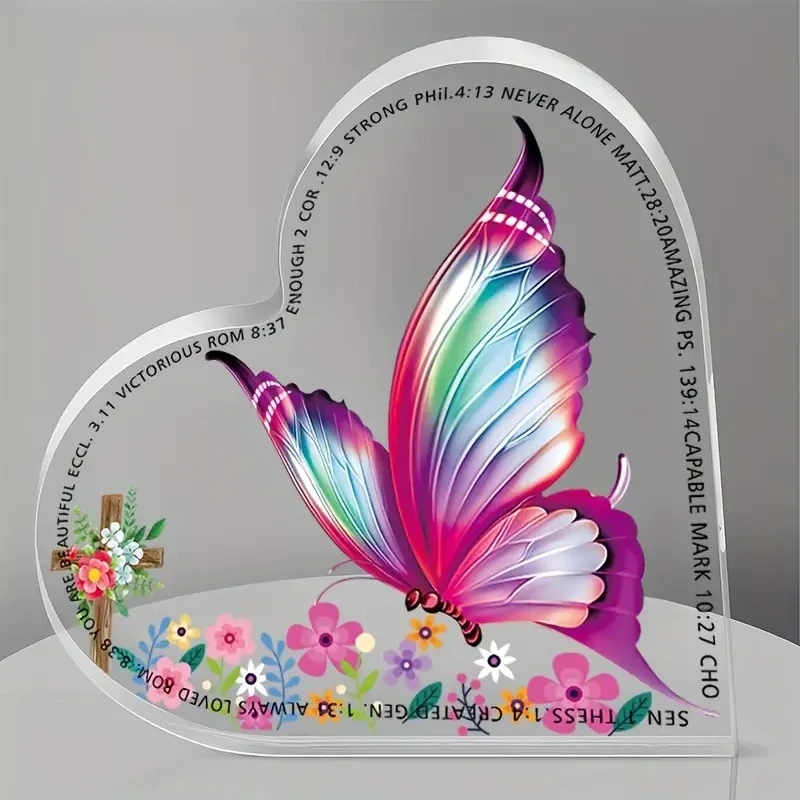 Colorful Butterfly Print Acrylic Heart Plaque Christian Inspirational Religious Gifts for Women Friends Colleague Keepsake Decor