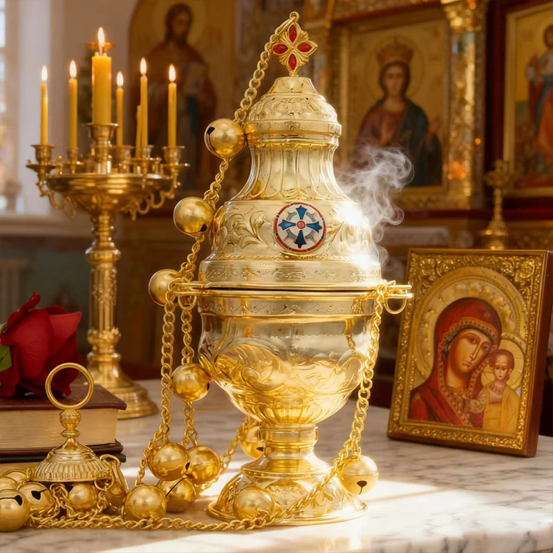 Neuer orthodoxer Weihrauchbrenner mit Kette und Glocken aus vergoldeter Zinklegierung, für Kirchenzeremonien, mit traditionellem Design, Geschenk. – Detail 9