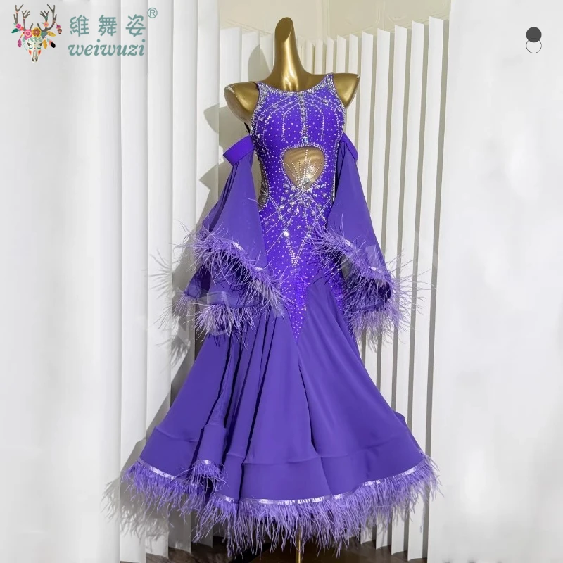

Modern Social Dance Costume Women Customized High End Luxury AB Stones Feather Waltz Foxtrot Ballroom Dance Performance Clothing