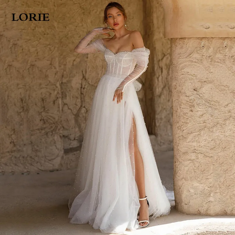 

LORIE Ivory Pearls Wedding Dress A Line Long Sleeve Beach Sweetheart Neck Bride Dresses Vestido De Novia Side Split Wedding Gown